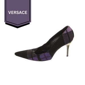Versace Purple & Black Plaid Tweed Pumps. Size 8.5 (38.5)